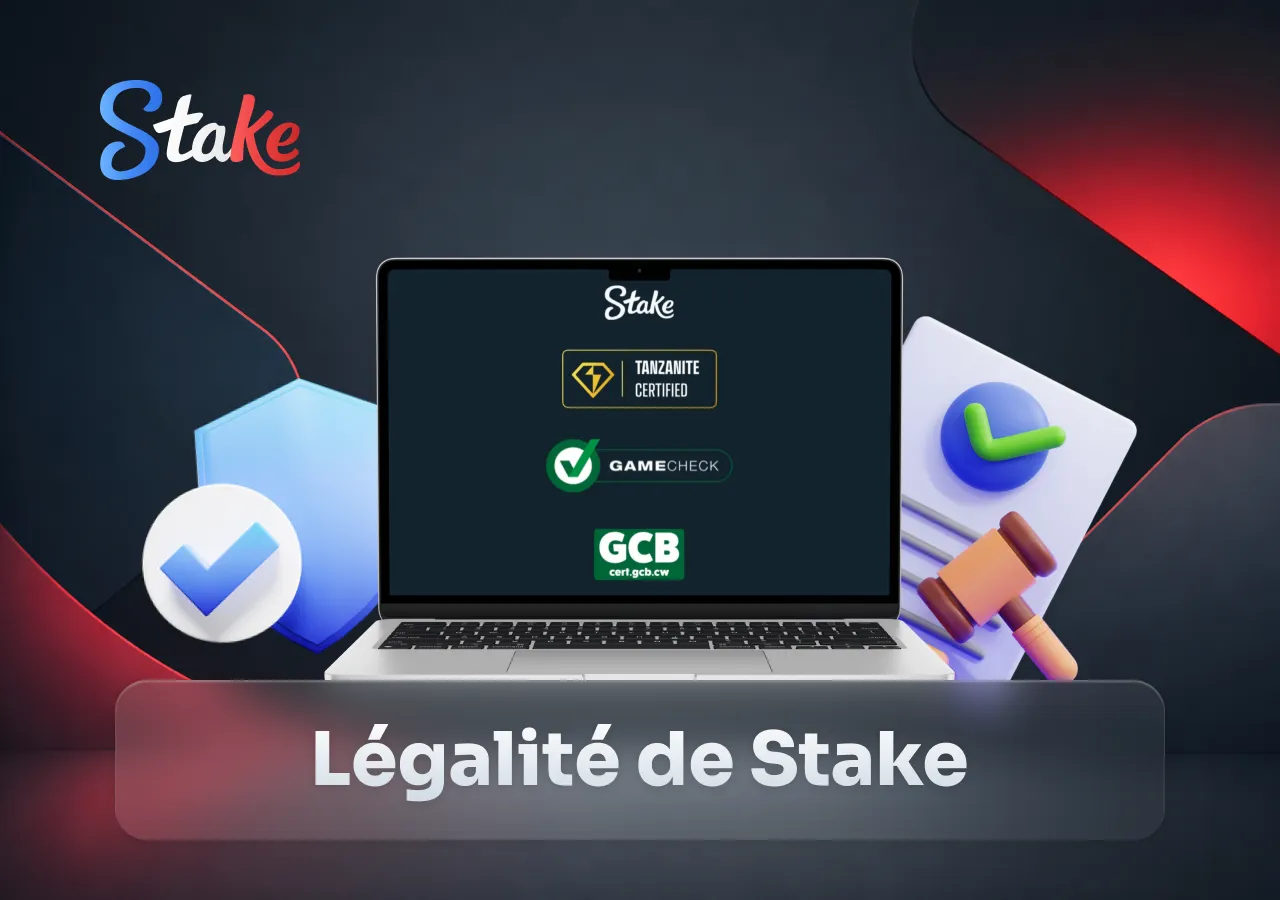 Stake Casino affiche des éléments liés à la certification, au contrôle des jeux et aux normes de conformité.
